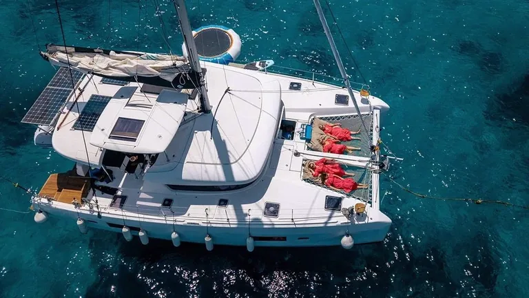 Lagoon 42 — at anchor, from above Lagoon 42 — at anchor, from above
