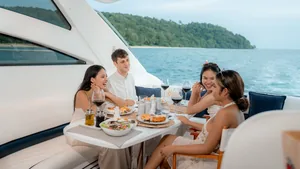 Princess V58 Clyde Legacy — guests at lunch