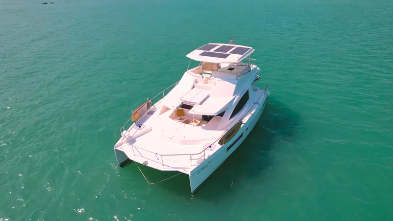 Leopard 51 Se La Vie — bow and flybridge from above Leopard 51 Se La Vie — bow and flybridge from above